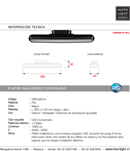 Plafón inalámbrico PVC negro 28 cm LED 12W - TOPL0014
