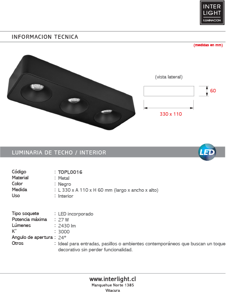 Plafon metal negro 33x11x6 cm LED  3 luces 27W LED - TOPL0016