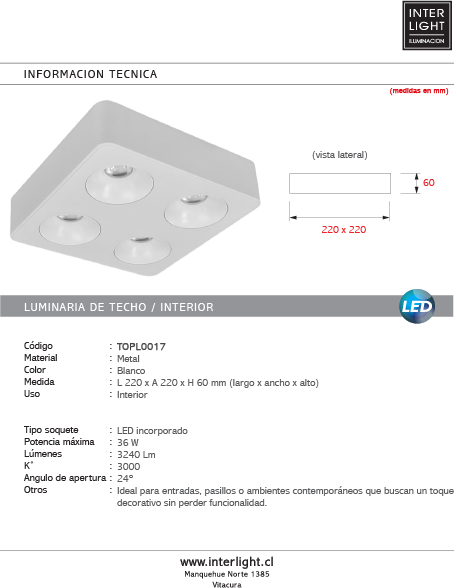 Plafon metal blanco 22x22x6 cm  4 luces 9W  LED - TOPL0017