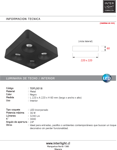 Plafon metal negro 22x22x6 cm  4 luces 36W  - TOPL0018