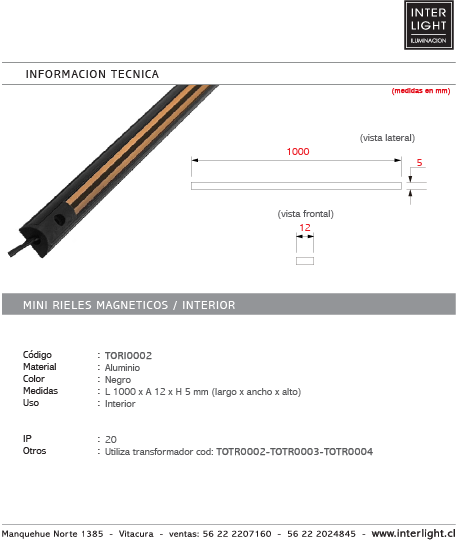 Riel magnético 24V ultra mini slim para foco de cielo 100cm Negro  - TORI0002