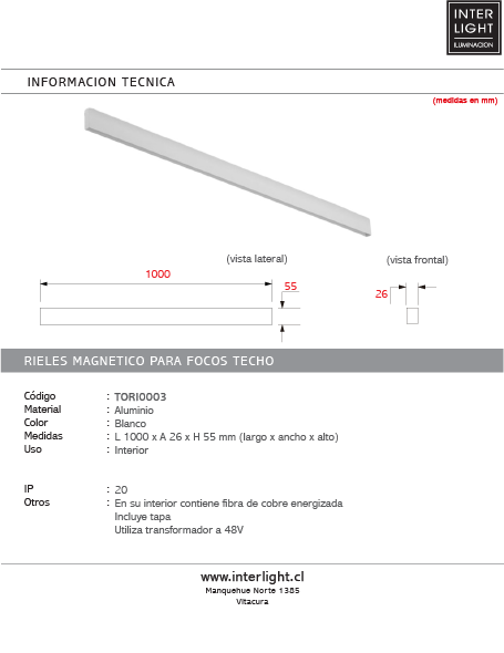 Riel magnético aluminio blanco  48V 100cm - TORI0003
