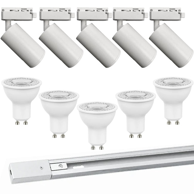 Kit blanco riel monofásico 2 m + 5 focos con ampolletas GU10 - UXFO0001