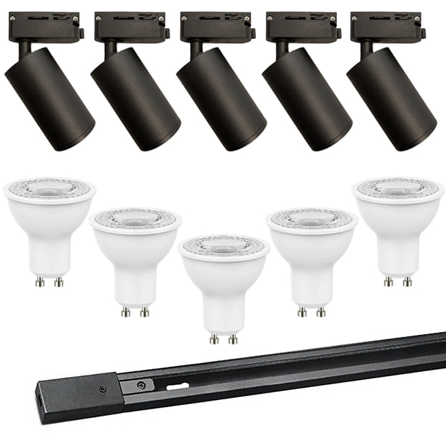 Kit negro riel monofásico 2 m + 5 focos con ampolletas GU10 - UXFO0002