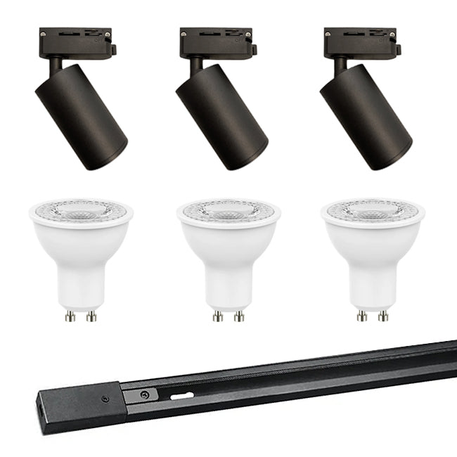 Kit negro riel monofásico 1 m + 3 focos con ampolletas GU10 - UXFO0002