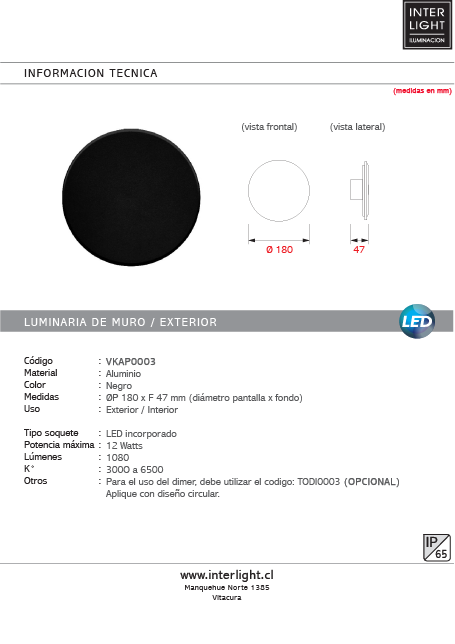 Aplique aluminio negro exterior con control de temperatura Ø18 cm 12W IP65  LED - VKAP0003