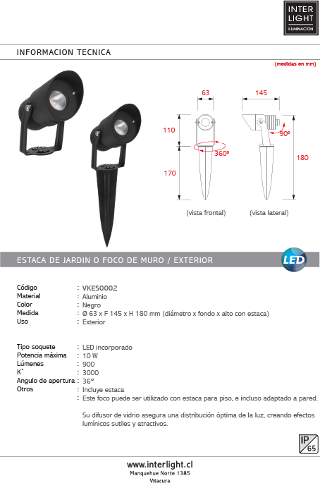 Foco para estaca o muro aluminio negro 10 W IP65 -  VKES0002