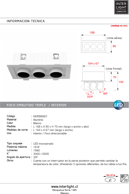 Embutido rectangular aluminio blanco con control de temperatura 18W LED - VKFO0001