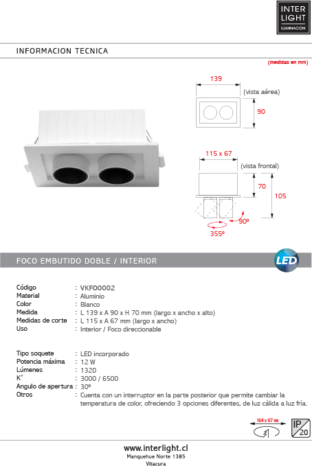 Embutido rectangular aluminio blanco con control de temperatura 12W LED - VKFO0002