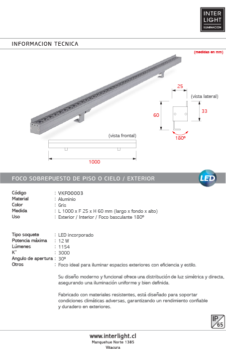 Foco bañador de pared y piso de 100 cm  3000K  30° 12W  LED - VKFO0003