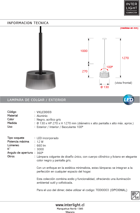 Lámpara colgante aluminio negro acrílico gris IP54 3000K 12W LED - VKLC0003