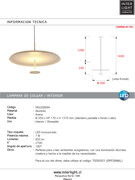 Lámpara colgante aluminio arena dimerizable 12W LED - VKLC0004