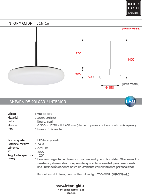 Lámpara colgante acero negro acrílico opal dimerizable 24W  LED - VKLC0007