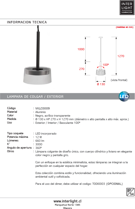 Lámpara colgante aluminio negro acrílico transparente IP54 3000K 12W LED - VKLC0009