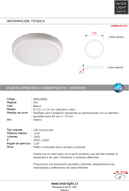 Plafón redondo blanco con control de temperatura Ø22,5 cm 18W LED - VKPL0002