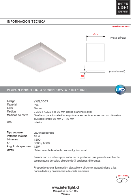 Plafón cuadrado blanco con control de temperatura 22,5x22,5 cm 18W LED - VKPL0003