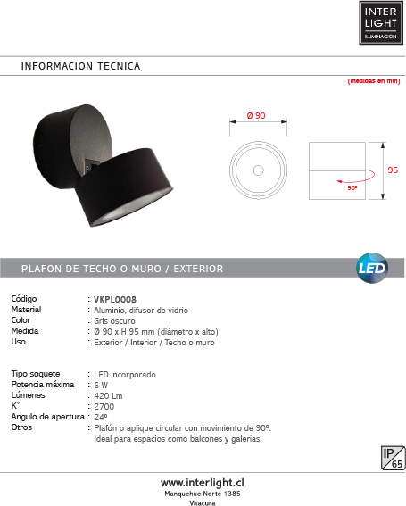 Plafón aluminio negro movible 90º Ø9x9,5 cm 6W LED - VKPL0008