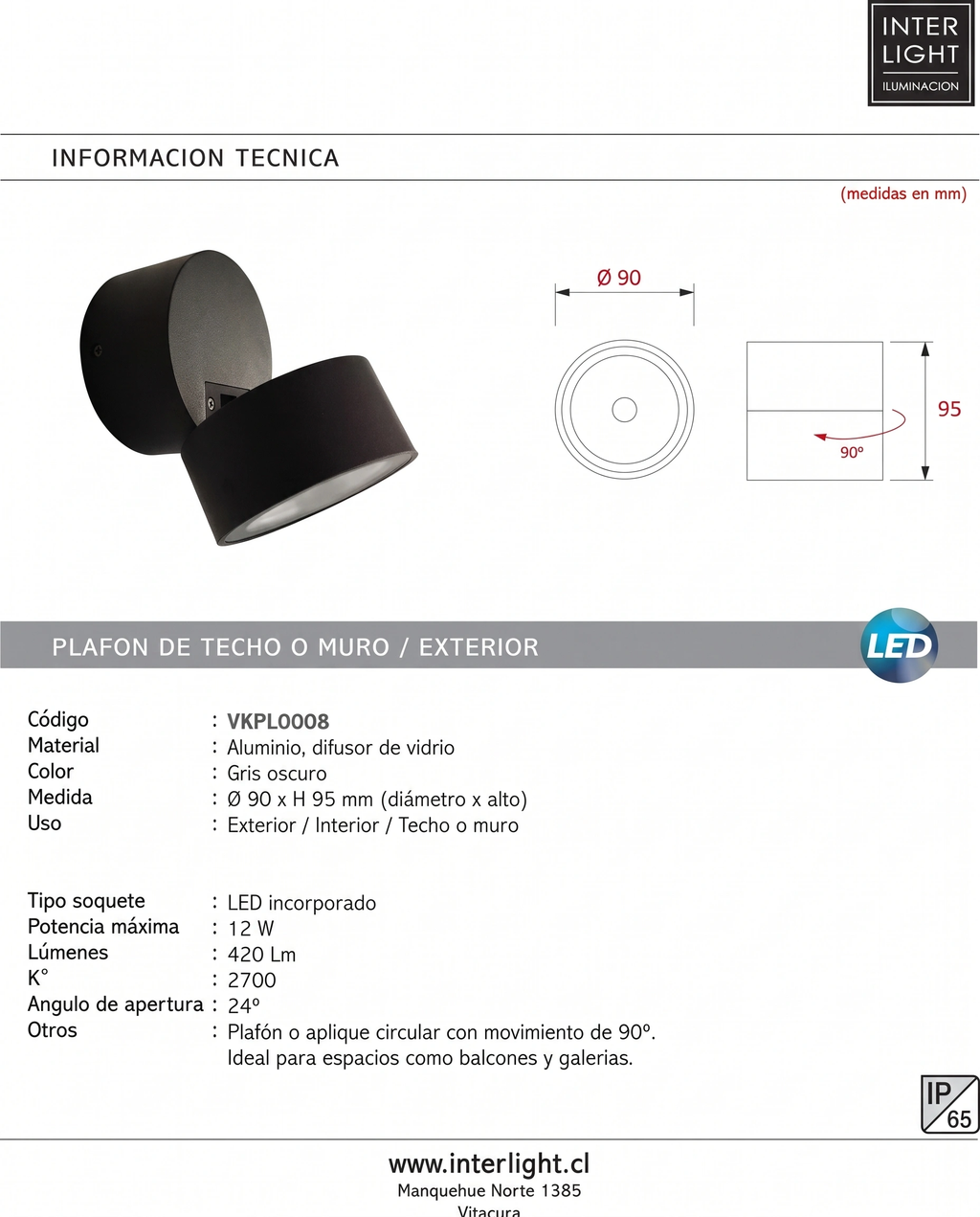 Plafón aluminio negro movible 90º Ø9x9,5 cm 12W LED - VKPL0008