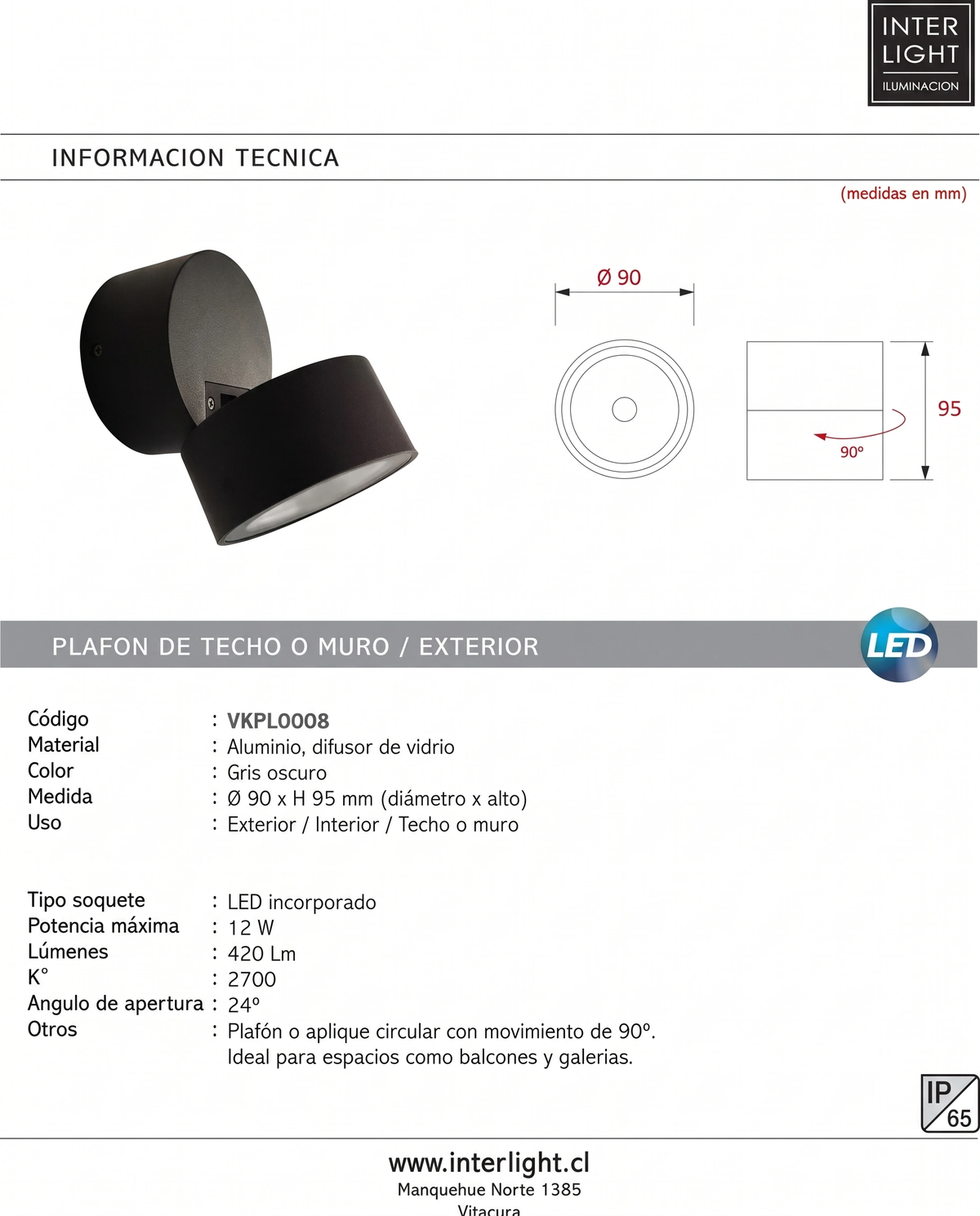 Plafón aluminio negro movible 90º Ø9x9,5 cm 12W LED - VKPL0008
