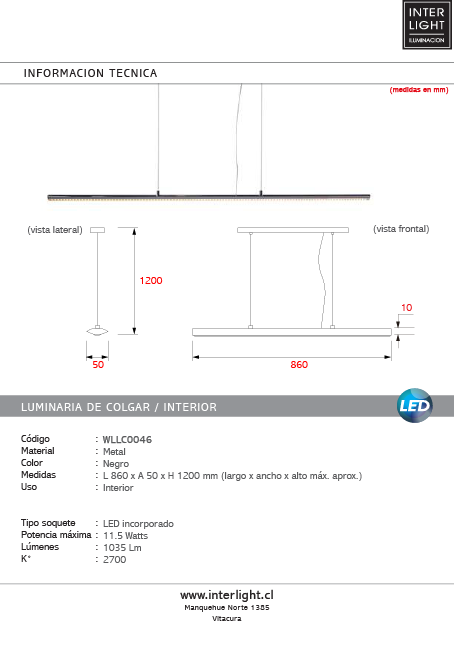 Lámpara colgante lineal metal negro 86cm 11,5W LED - WLLC0046