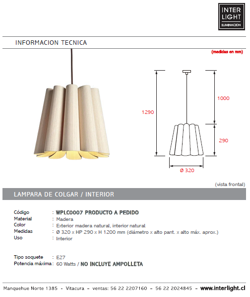 Lámpara colgante madera natural Ø 32 cm E27 - A pedido - WPLC0007