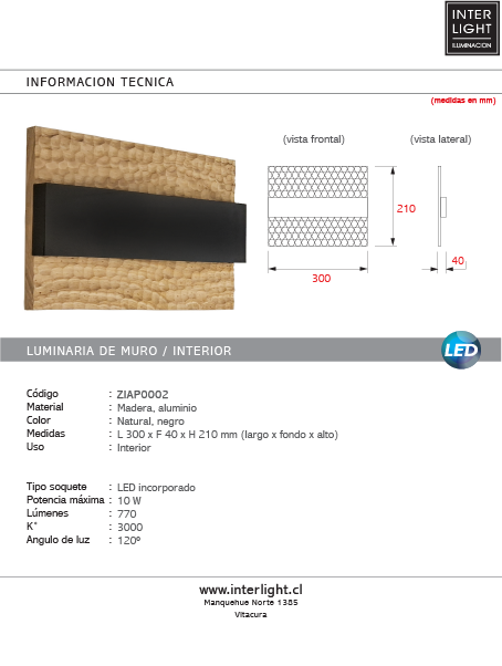 Apliqué madera nativa calada natural con negro LED 10W - ZIAP0002