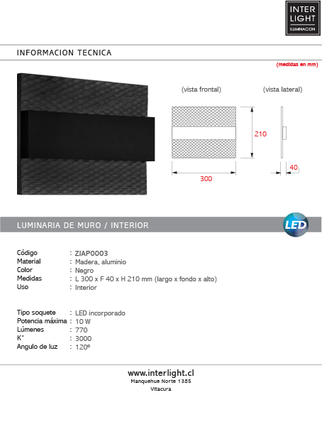 Apliqué madera nativa calada negro LED 10W - ZIAP0003
