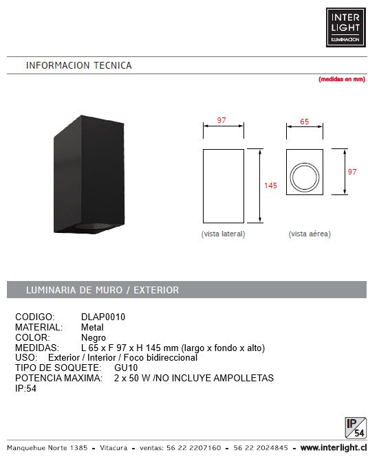 Aplique Negro bidireccional interior/exterior 2 luces GU10 - DLAP0010