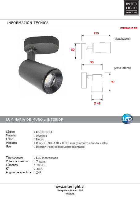 Foco metal negro Ø 4,5x9 cm LED 7W - MUFO0064