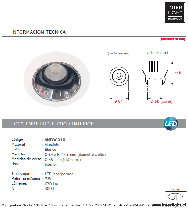 Foco blanco embutido LED 7W - ANFO0010