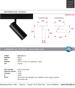 Foco metal negro para riel magnético LED 20W - ARFO0013