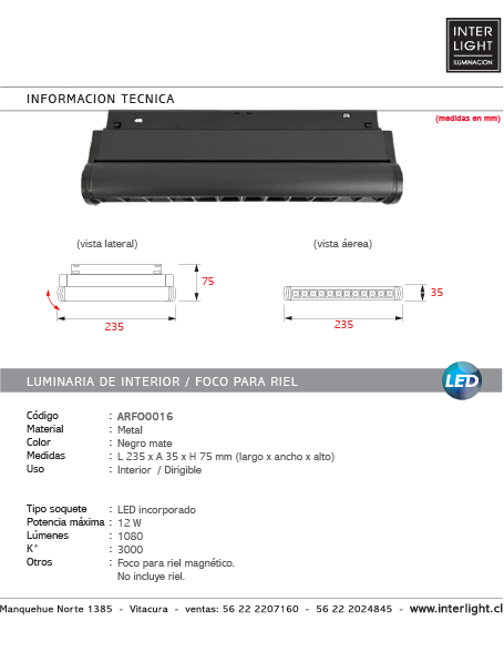Foco metal negro para riel magnético LED 12W - ARFO0016