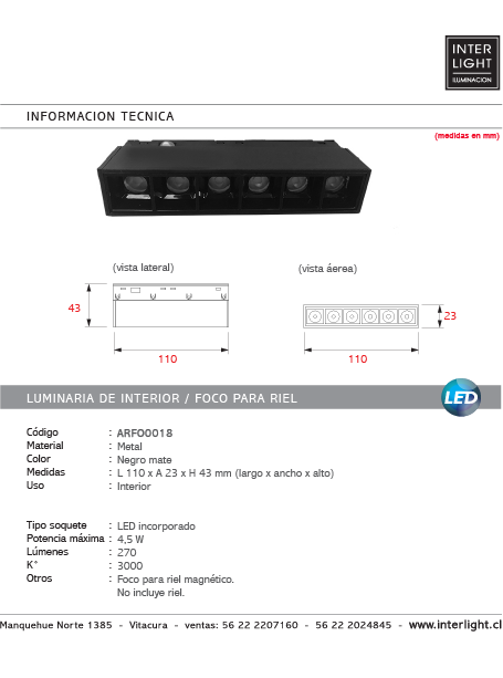 Foco metal negro para riel magnético LED 4,5W - ARFO0018