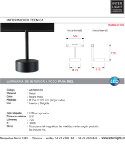 Foco dirigible magnético para riel metal negro LED 8W - ARFO0020