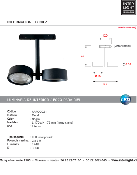 Foco doble magnético para riel metal negro LED 2 x 8W - ARFO0021