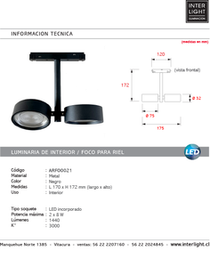 Foco doble magnético para riel metal negro LED 2 x 8W - ARFO0021
