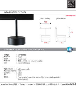 Foco dirigible magnético para riel metal negro LED 14W - ARFO0022