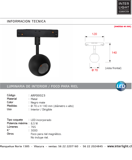 Foco metal negro para riel magnético LED 8,5W - ARFO0023