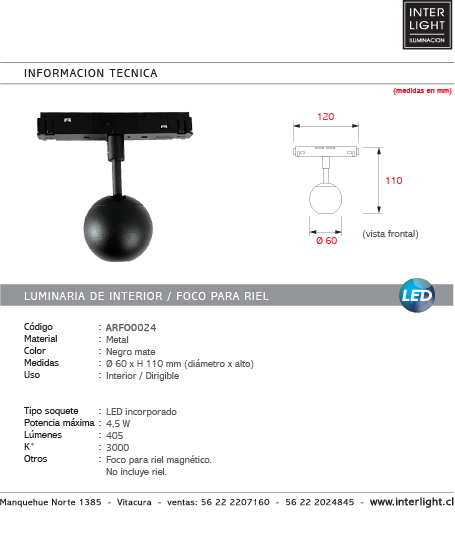 Foco metal negro para riel magnético LED 4,5W - ARFO0024