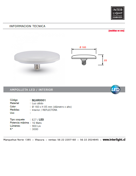 Ampolleta reflectora LED 16W E27 - BEAM0001