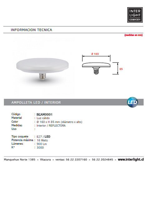 Ampolleta reflectora LED 16W E27 - BEAM0001