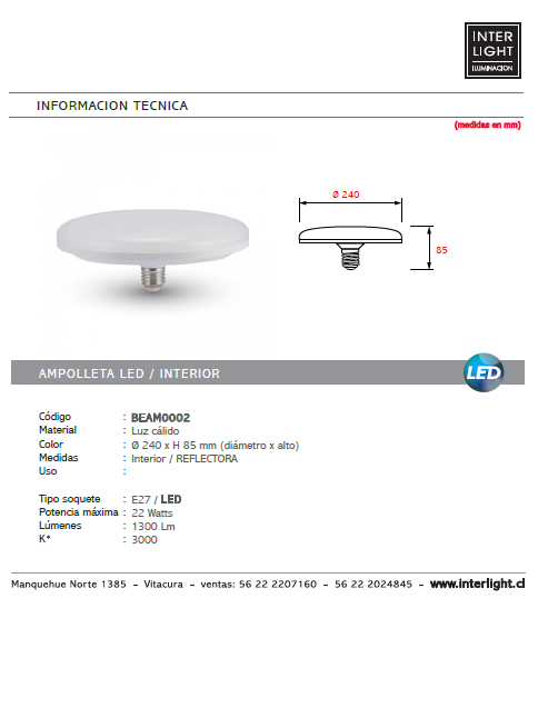 Ampolleta reflectora LED 22W E27 - BEAM0002