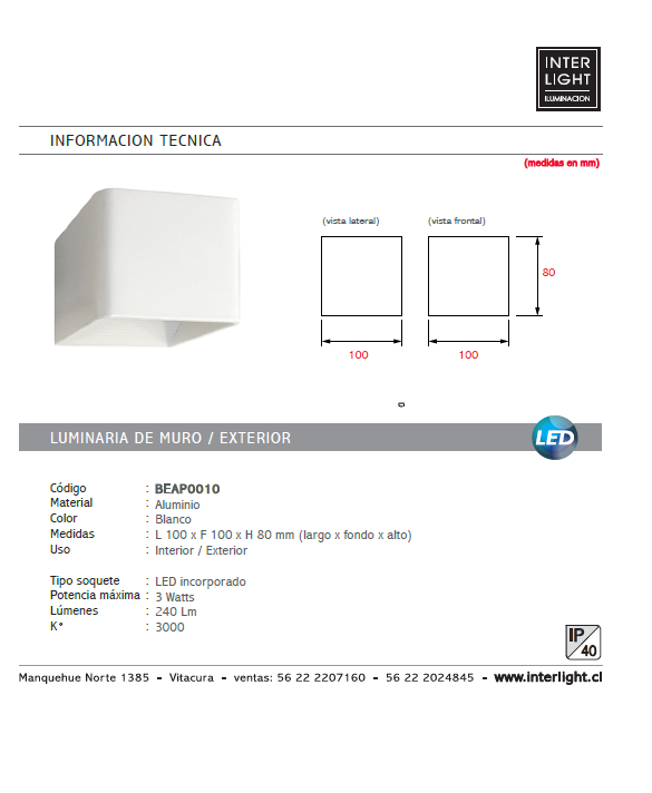 Apliqué blanco, bidireccional interior/exterior LED 3W - BEAP0010