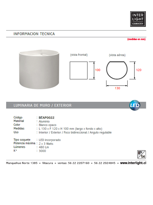 Apliqué blanco opaco, bidireccional interior/exterior LED 3W - BEAP0022