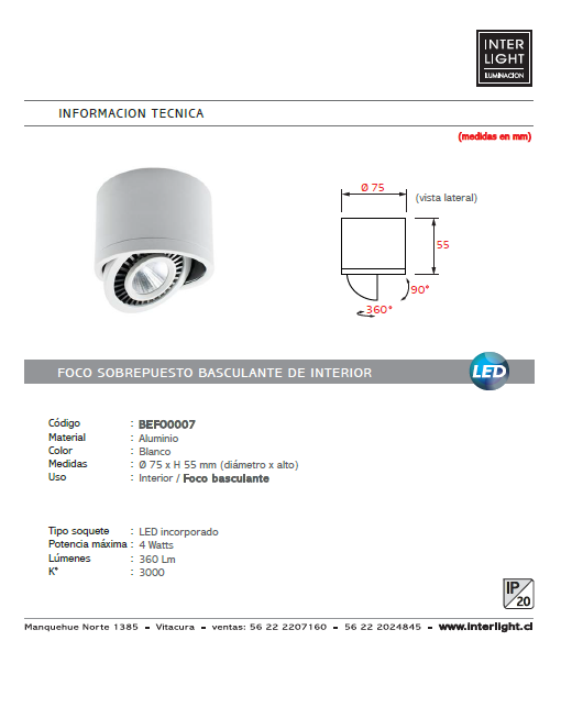 Foco sobrepuesto blanco basculante LED 7W - BEFO0007