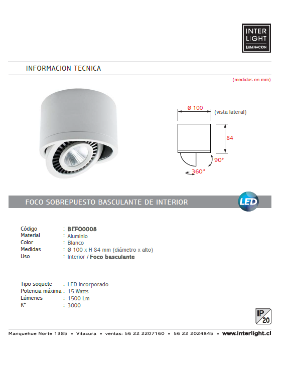 Foco sobrepuesto blanco basculante LED 15W - BEFO0008