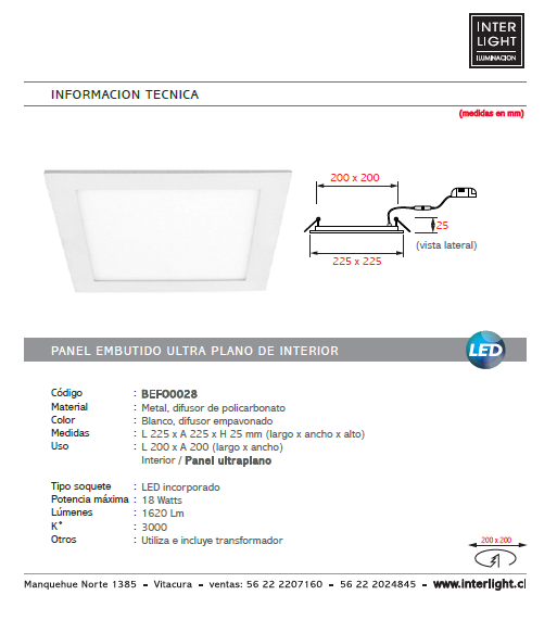 Foco embutido blanco 22,5x22,5 cm LED 18W - BEFO0028
