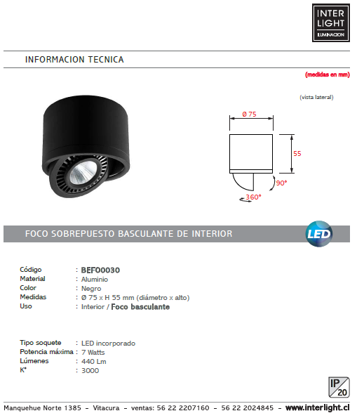 Foco sobrepuesto negro basculante LED 7W - BEFO0030