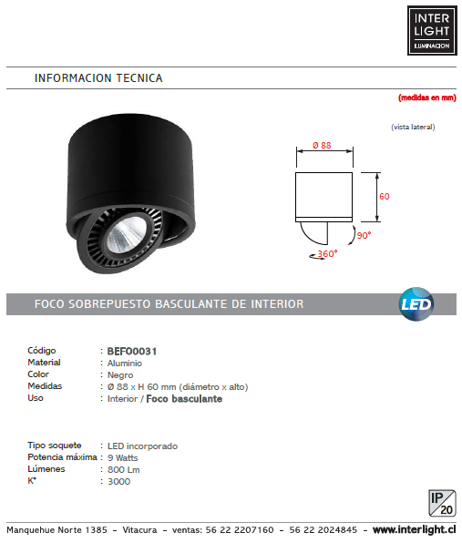 Foco sobrepuesto negro basculante LED 9W - BEFO0031