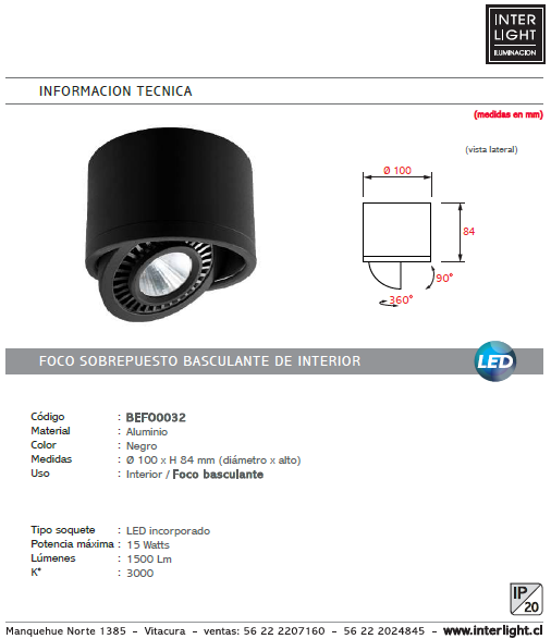 Foco sobrepuesto negro basculante LED 15W - BEFO0032